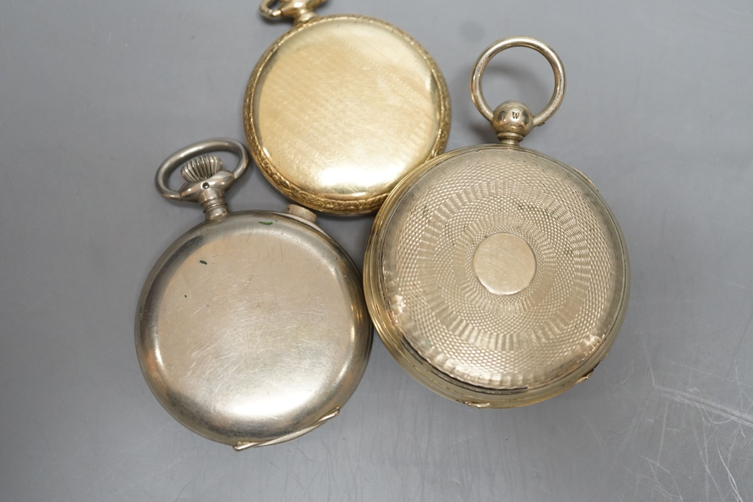 Three base metal pocket watches including 19th century pair case by Robert Weir, Dunbar(lacking hands).
